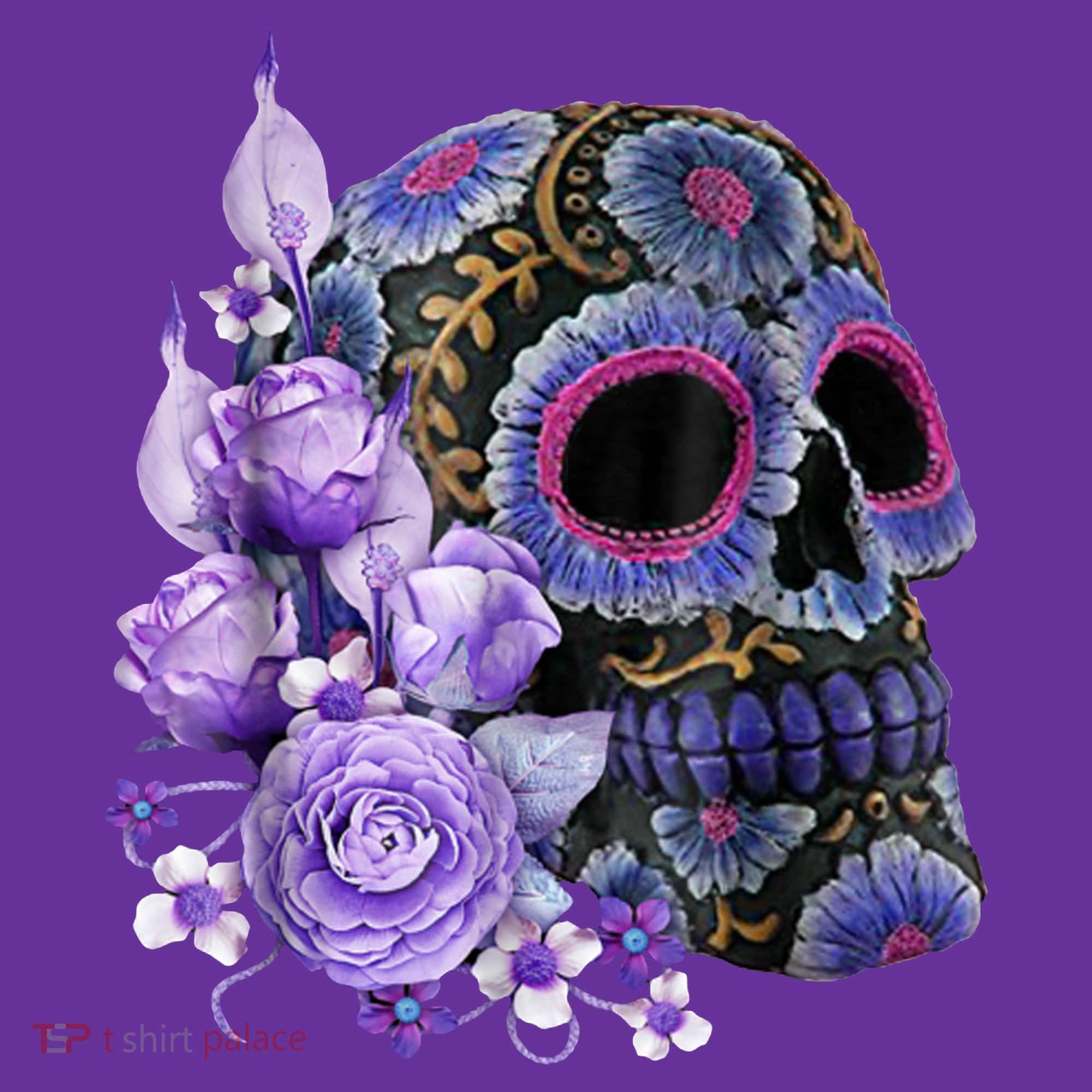 Sugar Purple Rose Skull Floral Women's T-Shirt