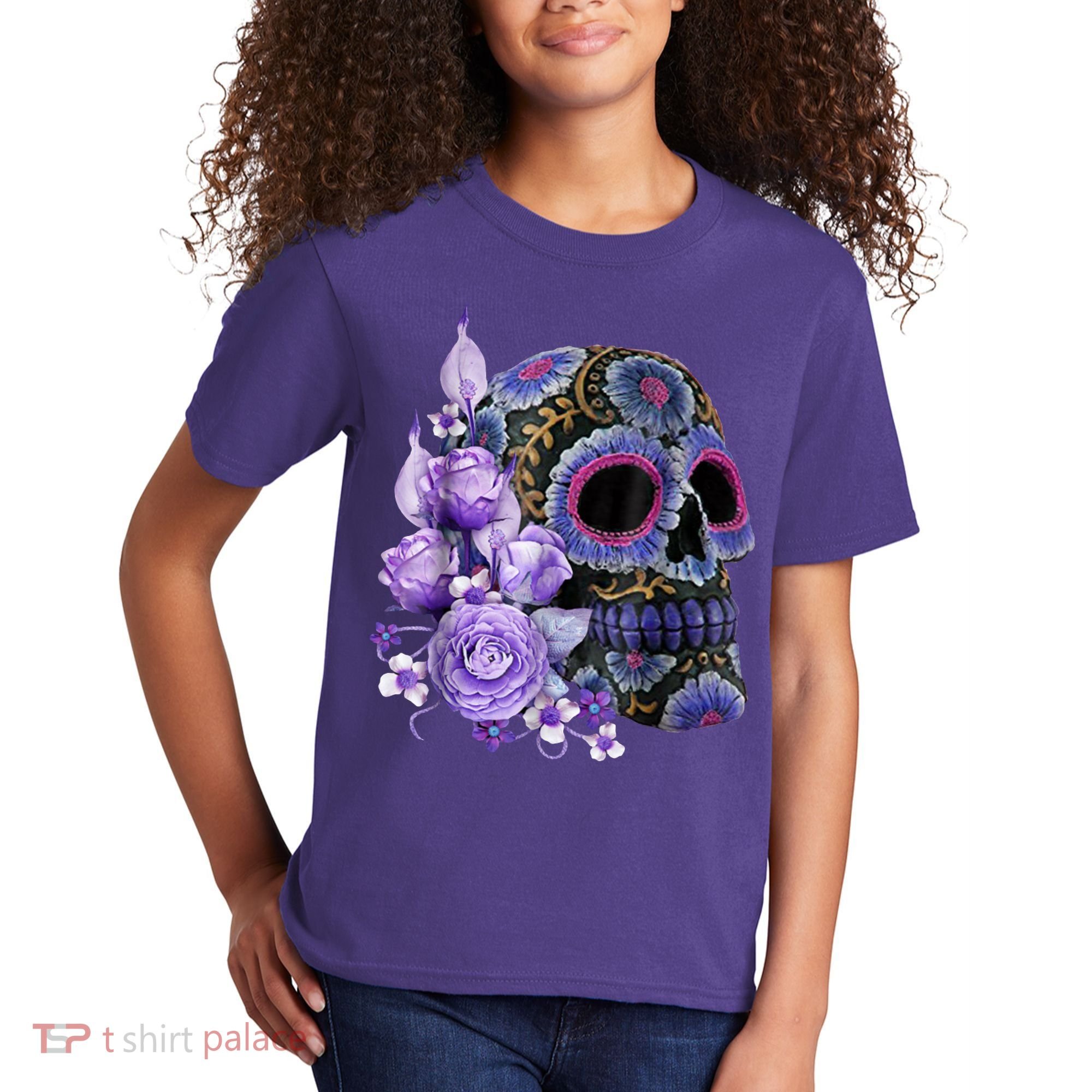 Sugar Purple Rose Skull Floral Kids T-Shirt