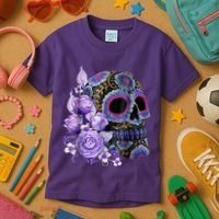 Sugar Purple Rose Skull Floral Kids T-Shirt thumb 3