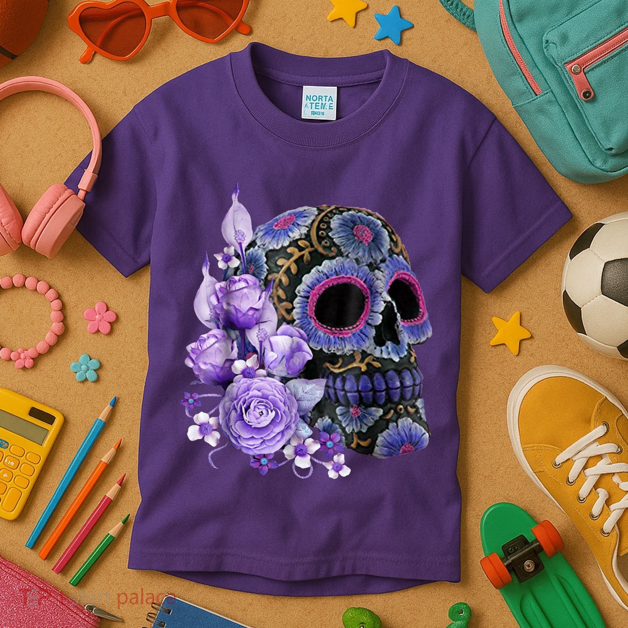 Sugar Purple Rose Skull Floral Kids T-Shirt