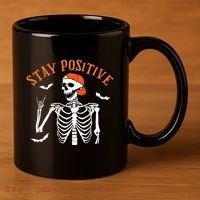 Stay Positive Skeleton Spooky Season Halloween Retro Funny Gift 11oz C Handle Ceramic Mug thumb 3