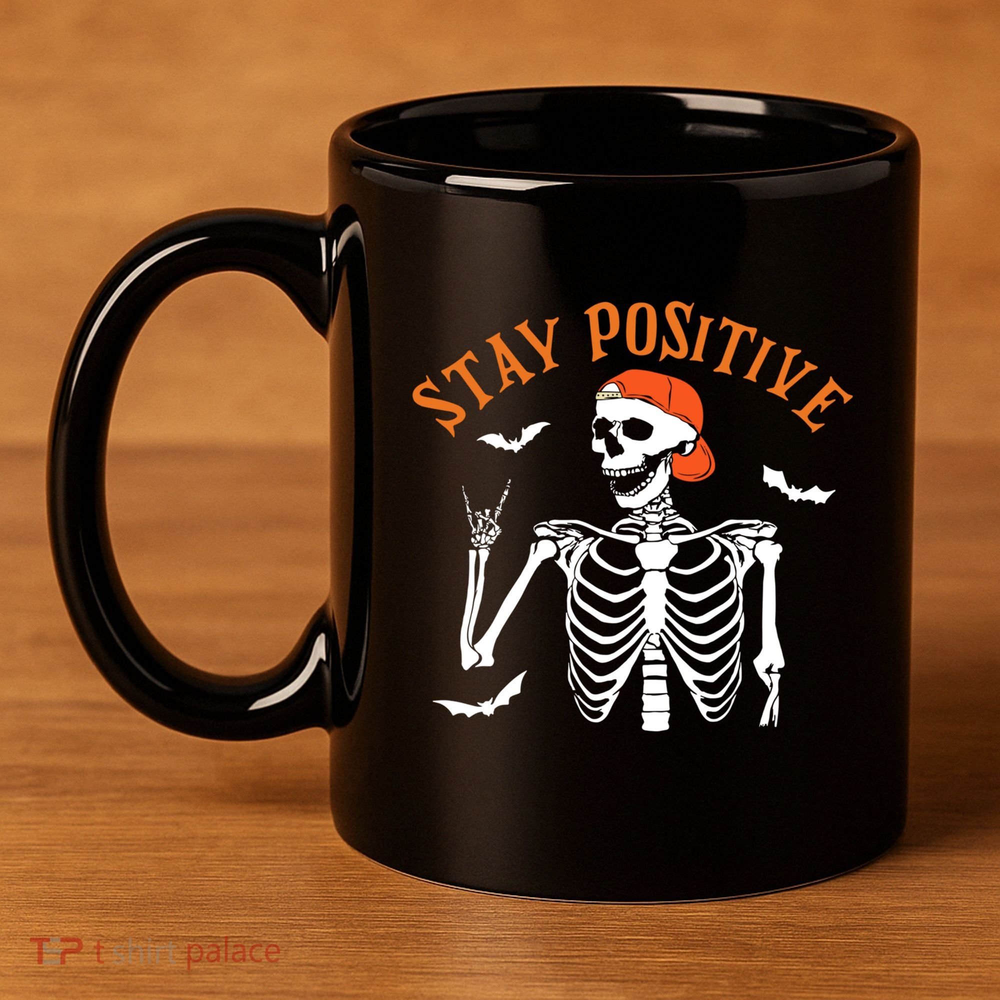 Stay Positive Skeleton Spooky Season Halloween Retro Funny Gift 11oz C Handle Ceramic Mug