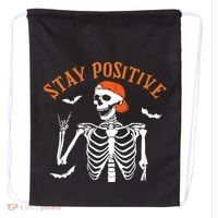 Stay Positive Skeleton Spooky Season Halloween Retro Funny Gift Drawstring Bag thumb 0