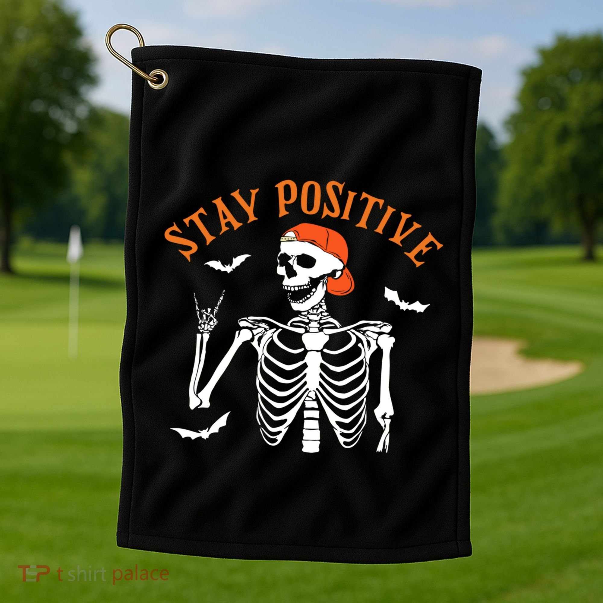 Stay Positive Skeleton Spooky Season Halloween Retro Funny Gift Golf Towel