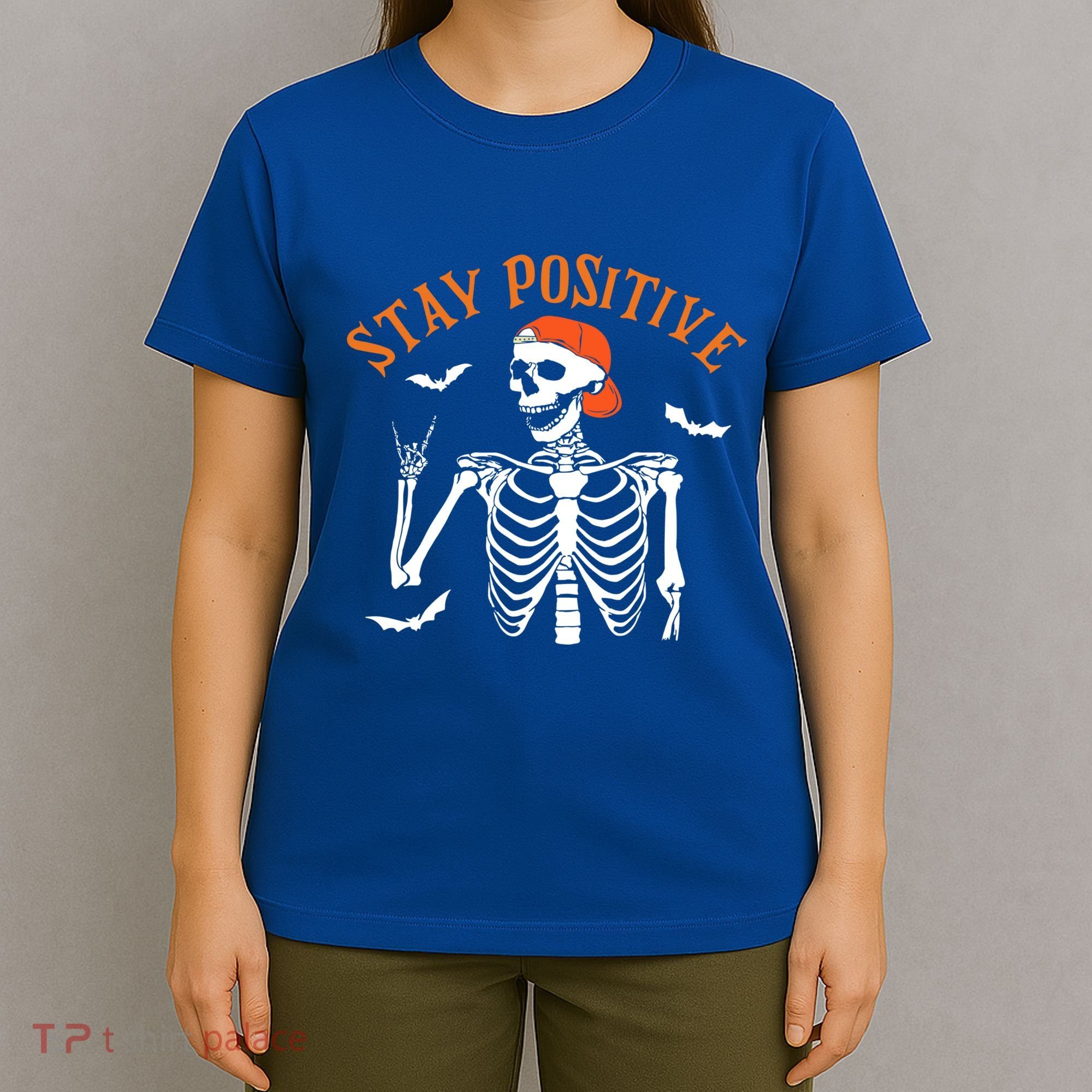 Stay Positive Skeleton Spooky Season Halloween Retro Funny Gift T-Shirt