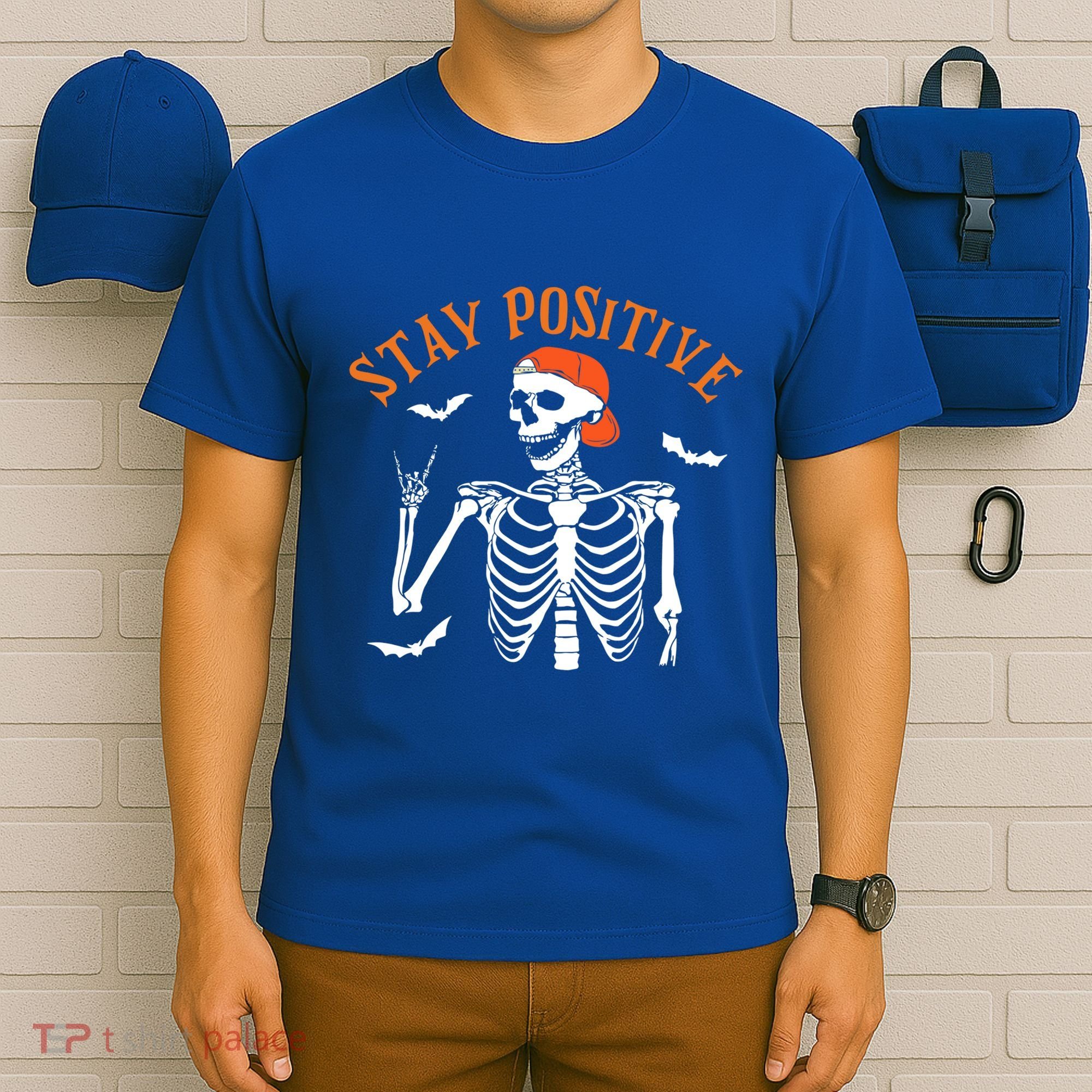 Stay Positive Skeleton Spooky Season Halloween Retro Funny Gift T-Shirt
