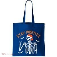 Stay Positive Skeleton Spooky Season Halloween Retro Funny Gift Tote Bag thumb 0
