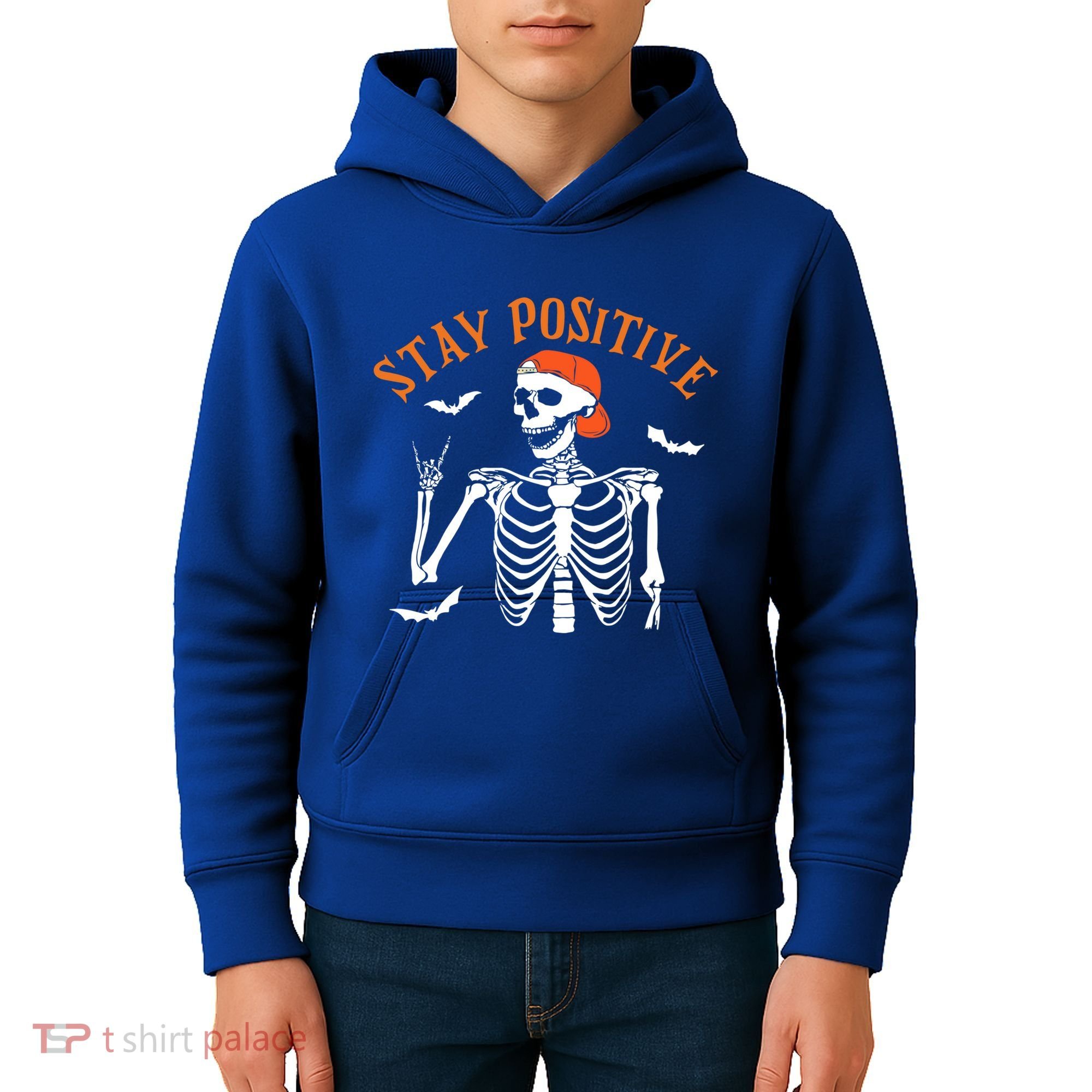 Stay Positive Skeleton Spooky Season Halloween Retro Funny Gift Kids Hoodie