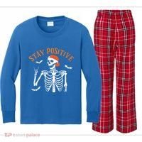 Stay Positive Skeleton Spooky Season Halloween Retro Funny Gift Kids Long Sleeve Plaid Pajama Set thumb 0