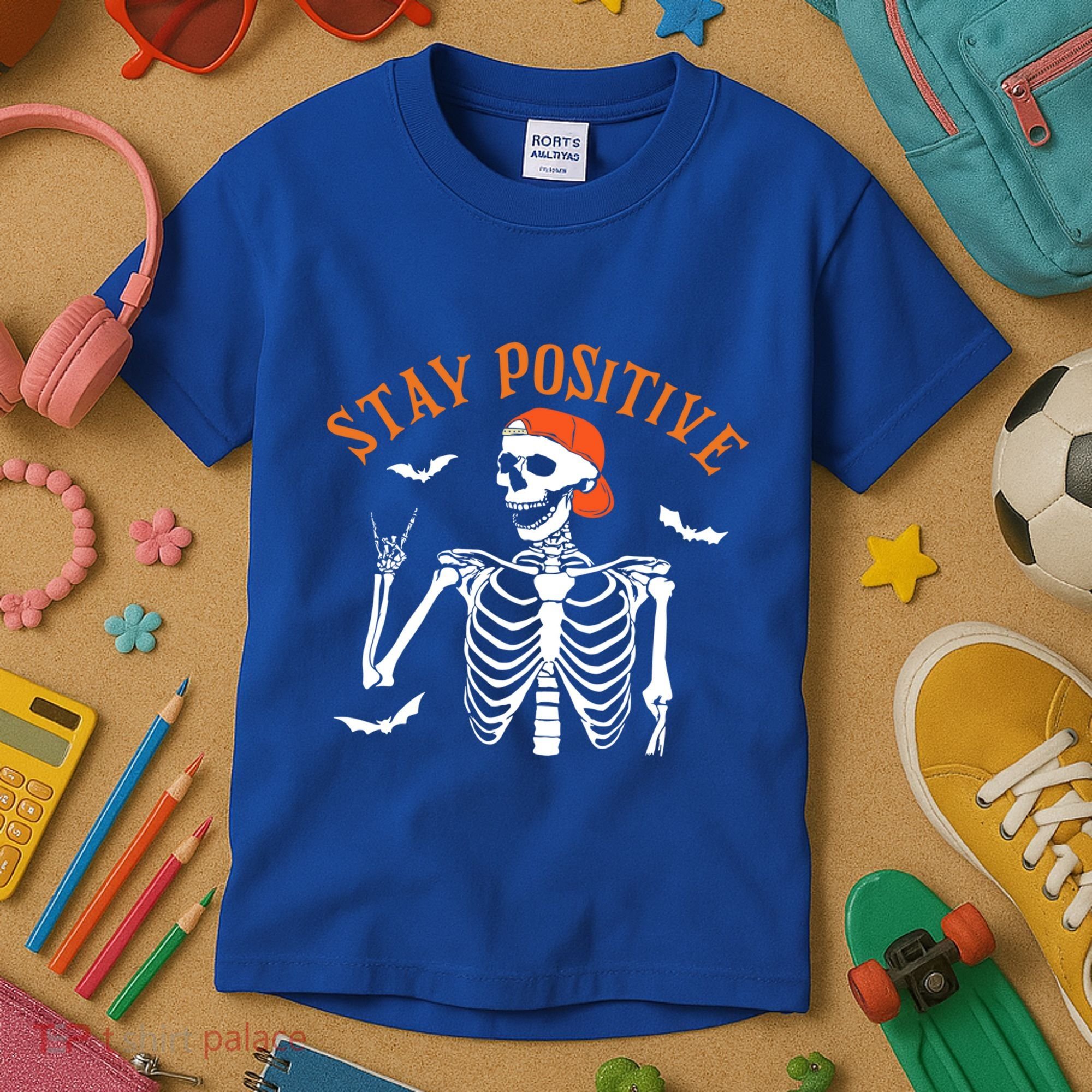 Stay Positive Skeleton Spooky Season Halloween Retro Funny Gift Kids T-Shirt