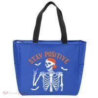 Stay Positive Skeleton Spooky Season Halloween Retro Funny Gift Tote Bag thumb 0