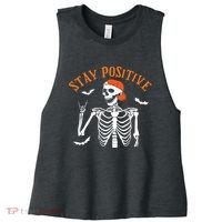 Stay Positive Skeleton Spooky Season Halloween Retro Funny Gift Women's Racerback Cropped Tank thumb 0