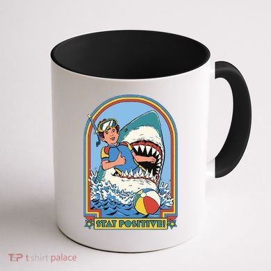 Stay Positive Shark Attack Comic Coffee Mug back