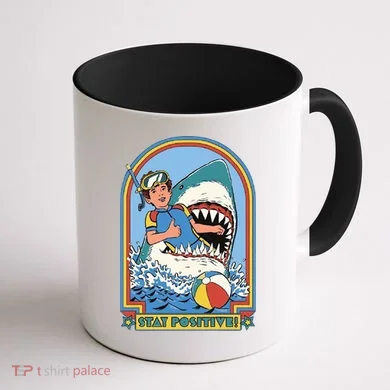 Stay Positive Shark Attack Comic Coffee Mug back