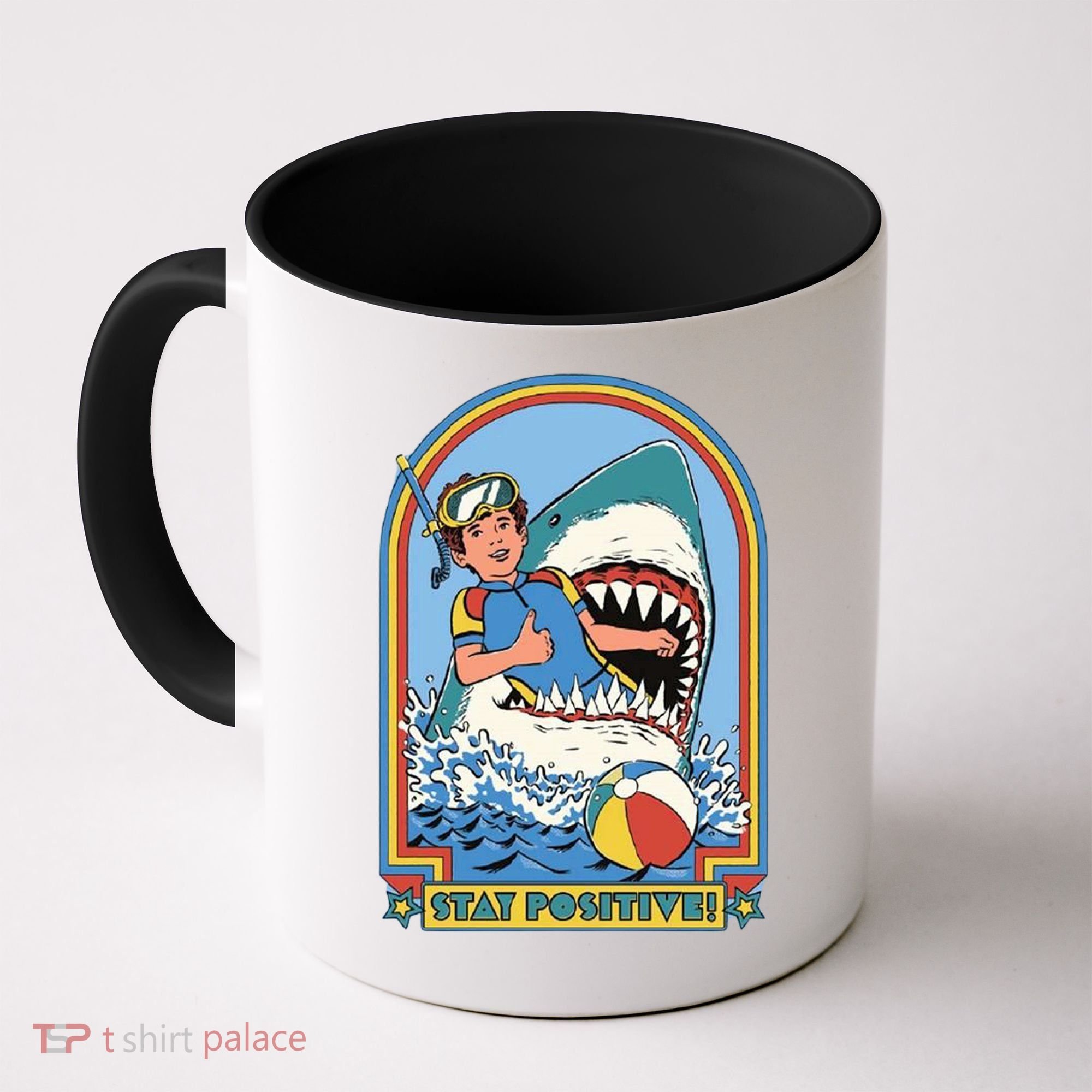 Stay Positive Shark Attack Comic Coffee Mug