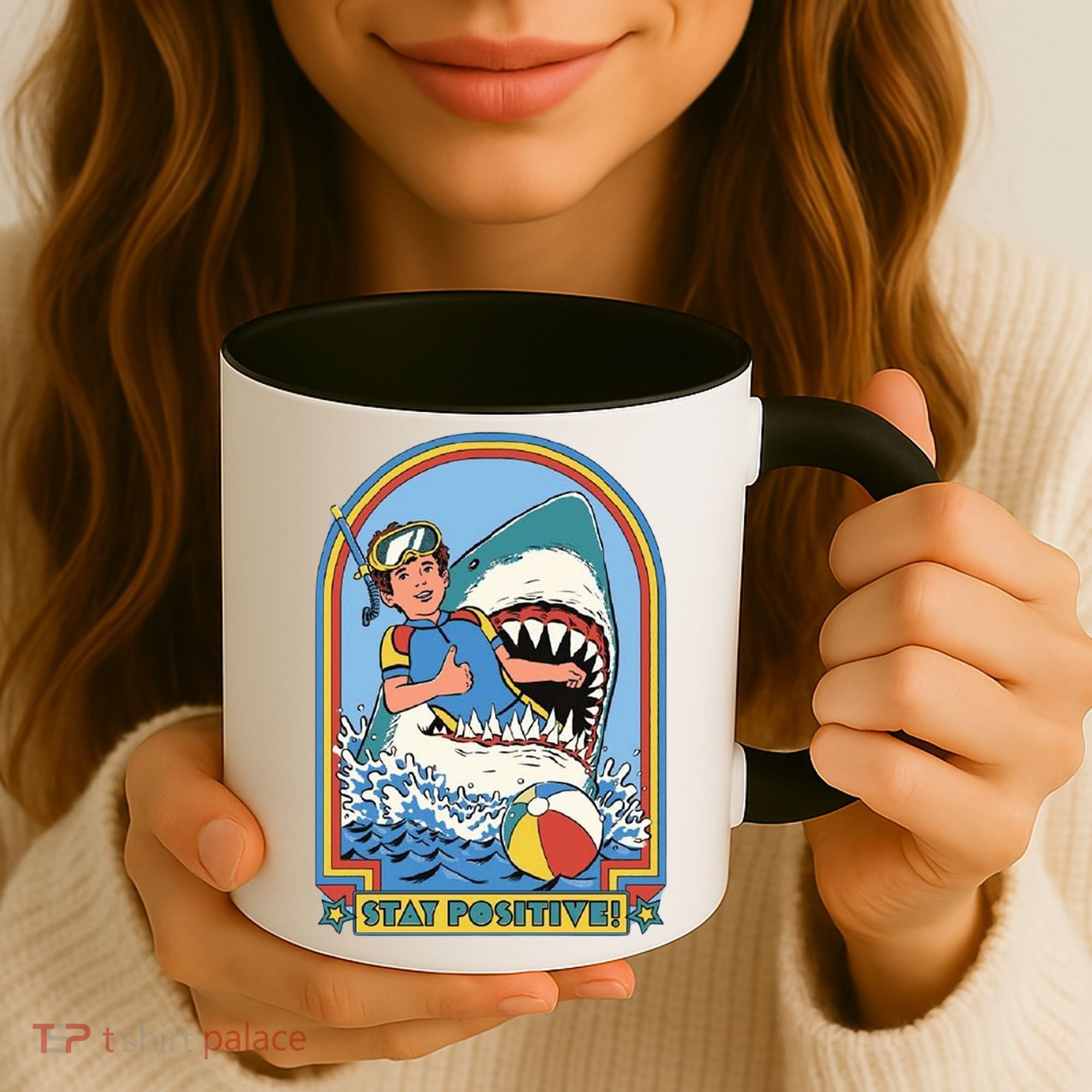 Stay Positive Shark Attack Comic Coffee Mug