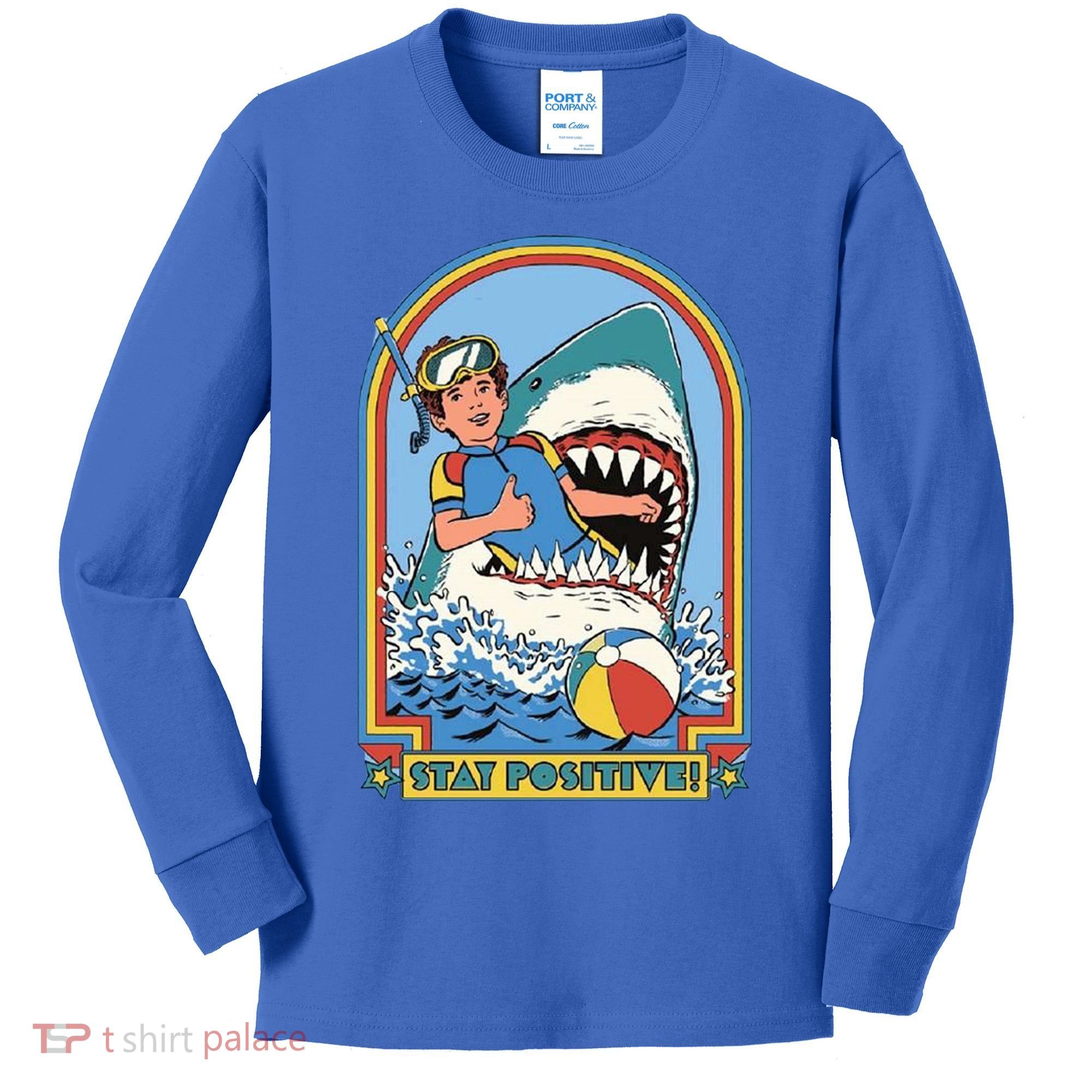 Stay Positive Shark Attack Comic Kids Long Sleeve Shirt