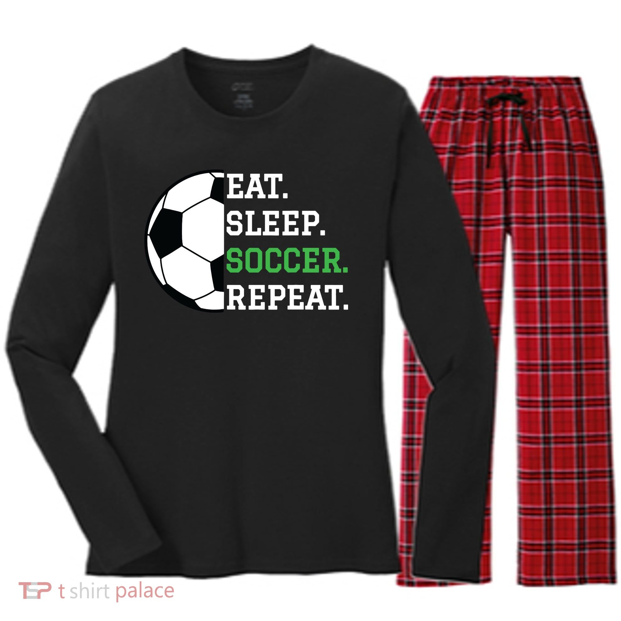 Soccer Player Soccer Lover Eat Sleep Soccer Repeat Women's Long Sleeve Flannel Pajama Set 