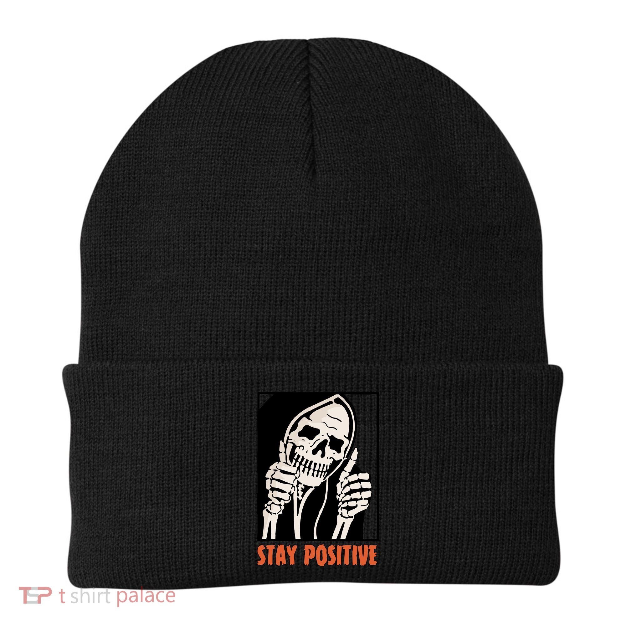 Stay Positive Skeleton Halloween Day Retro Halloween Beanie