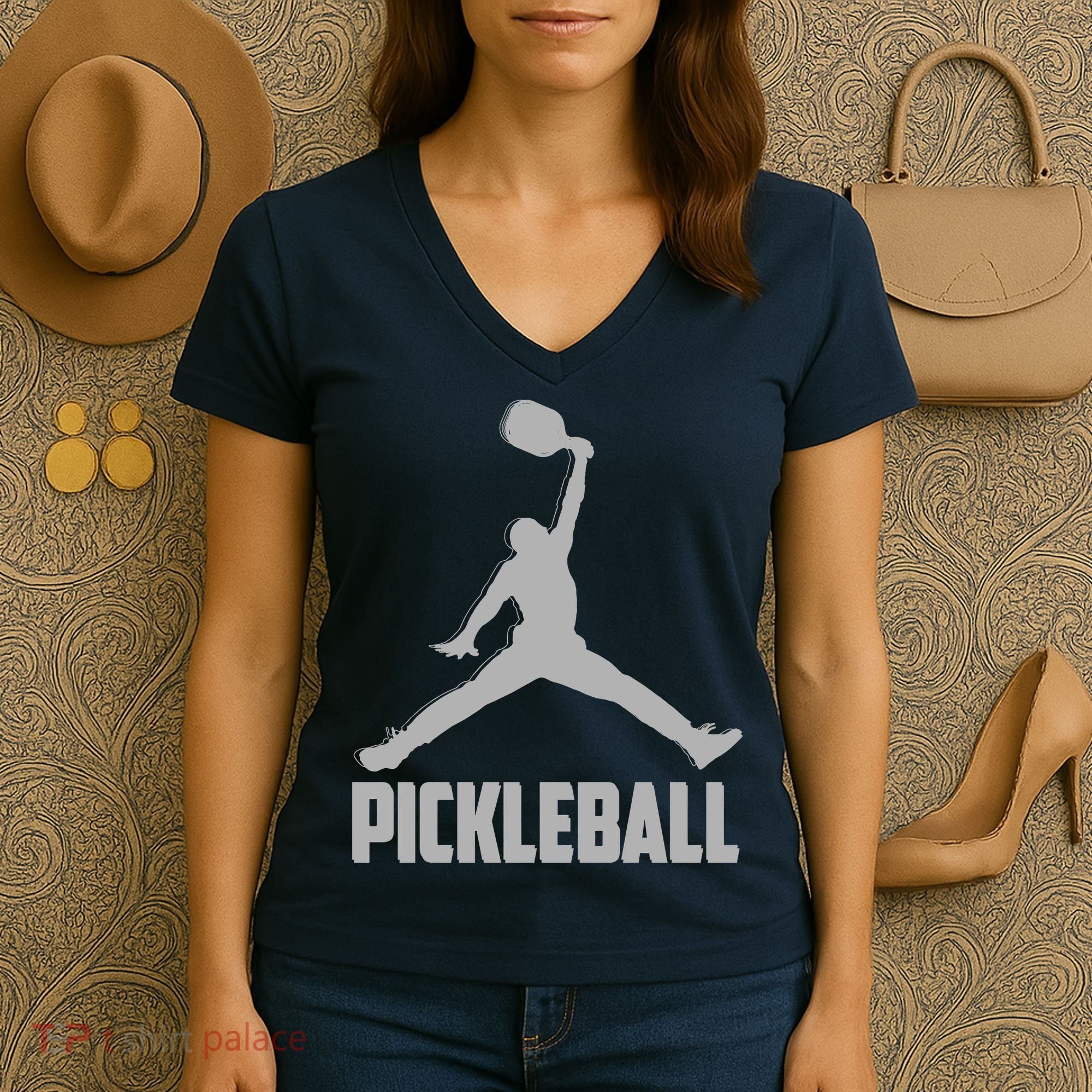 Silver Pickleball Sports Logo Women's V-Neck T-Shirt