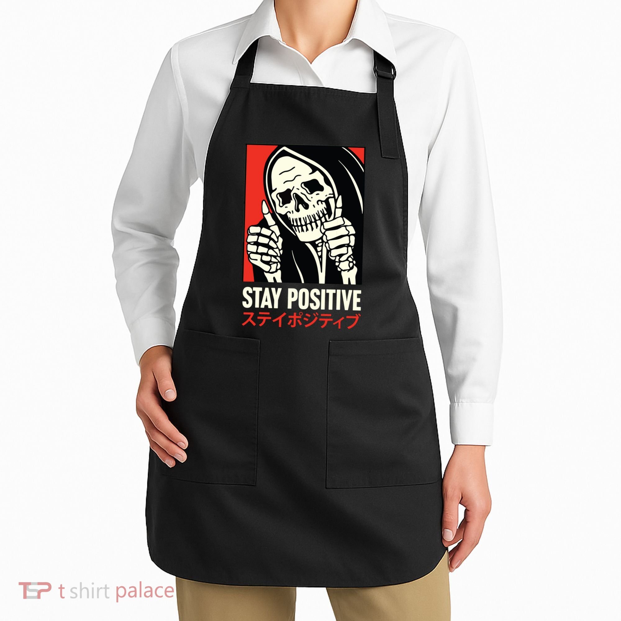 Stay Positive Skeleton Japanese Apron