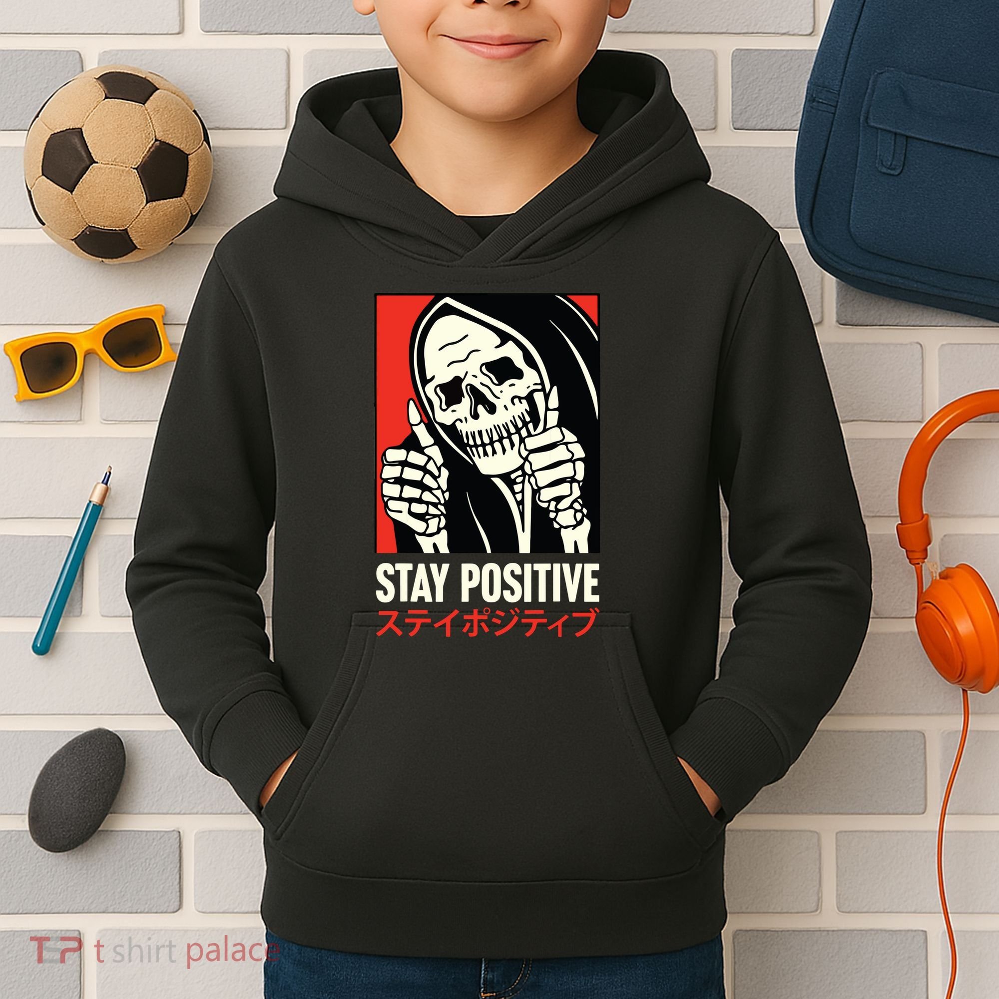 Stay Positive Skeleton Japanese Kids Hoodie