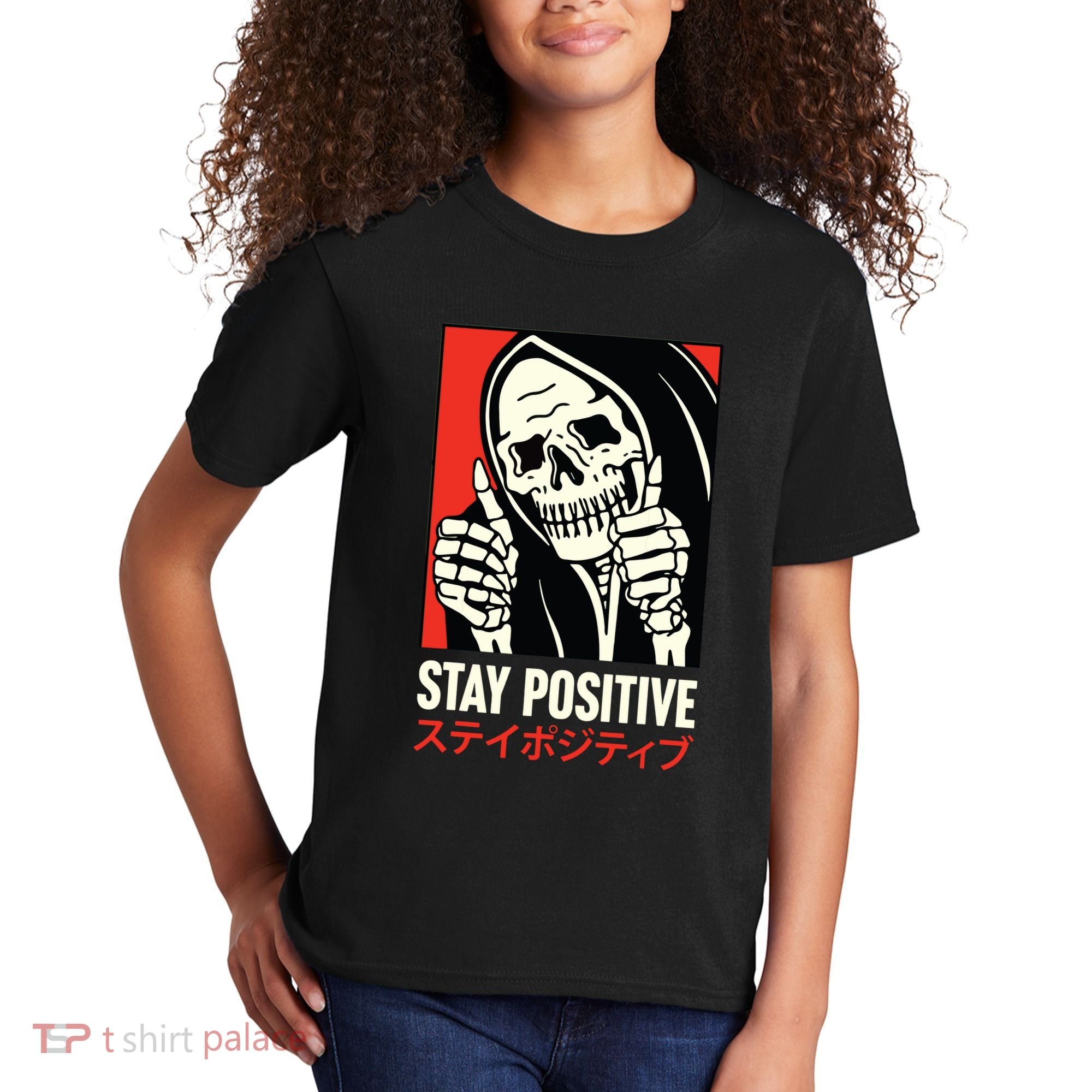 Stay Positive Skeleton Japanese Kids T-Shirt