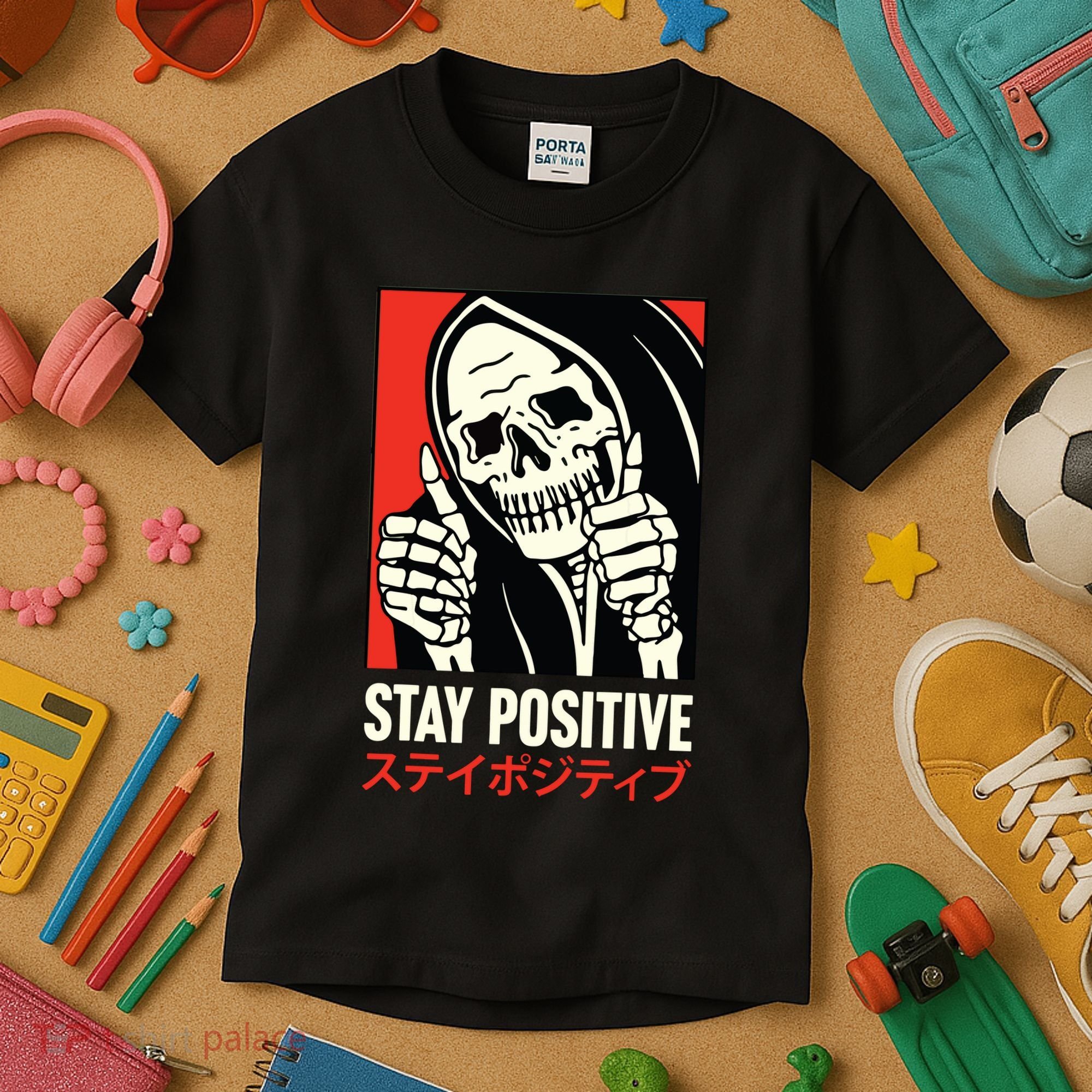Stay Positive Skeleton Japanese Kids T-Shirt