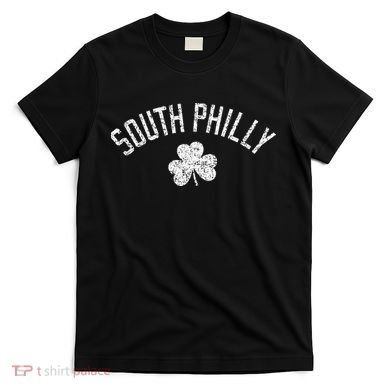 South Philly Text Irish Shamrock Distressed White Print T-Shirt