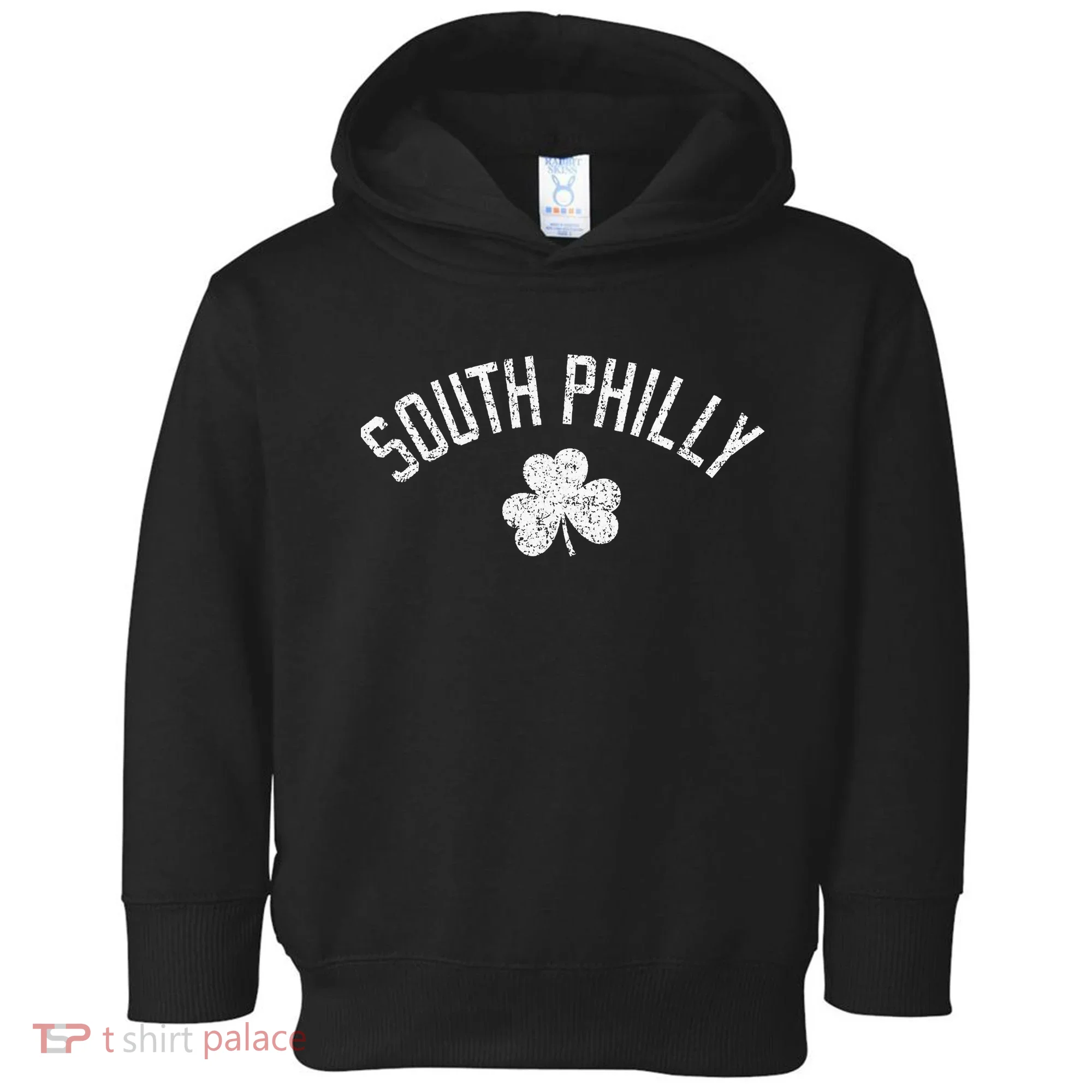 South Philly Text Irish Shamrock Distressed White Print Toddler Hoodie