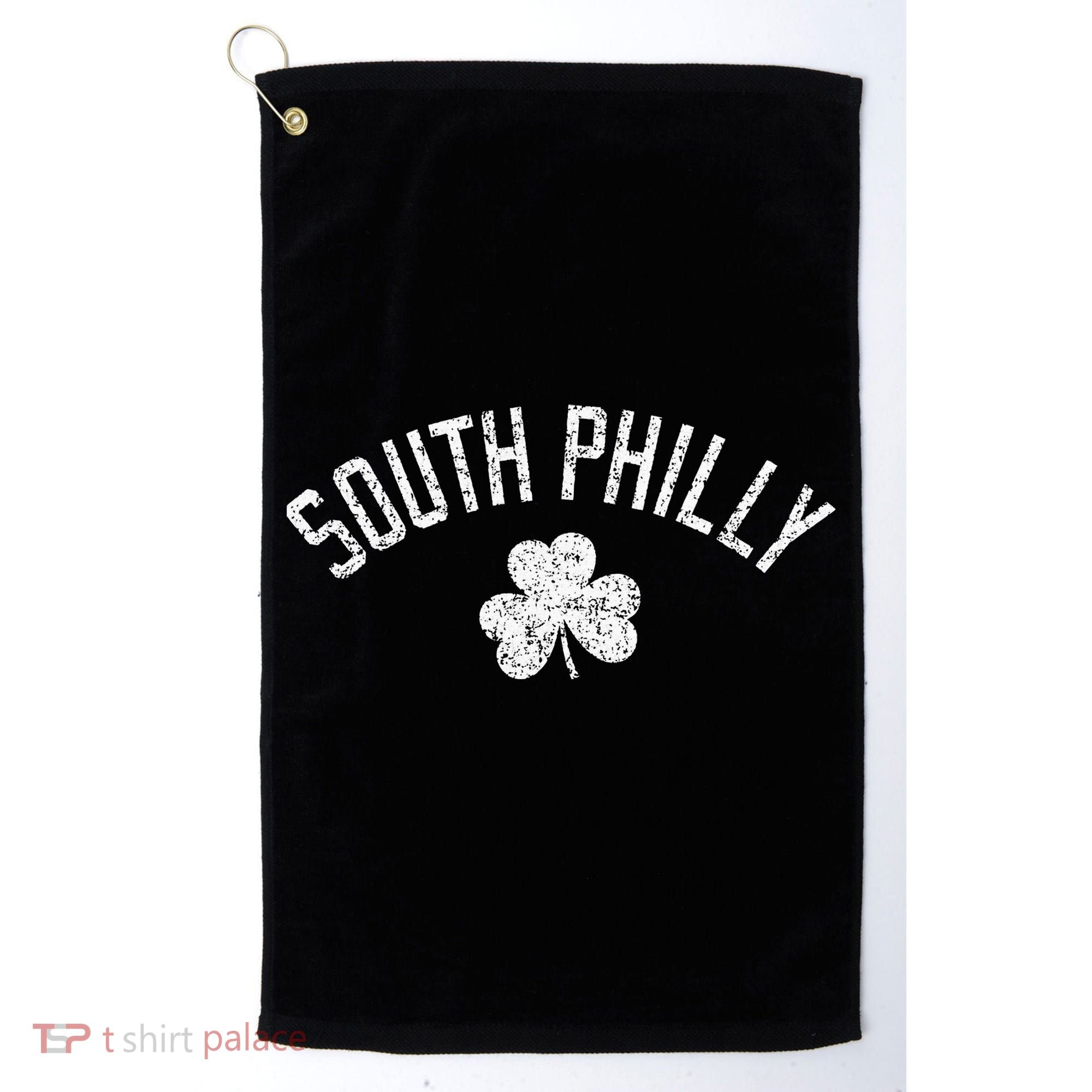 South Philly Text Irish Shamrock Distressed White Print Golf Towel