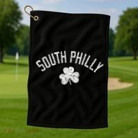 South Philly Text Irish Shamrock Distressed White Print Golf Towel thumb 1