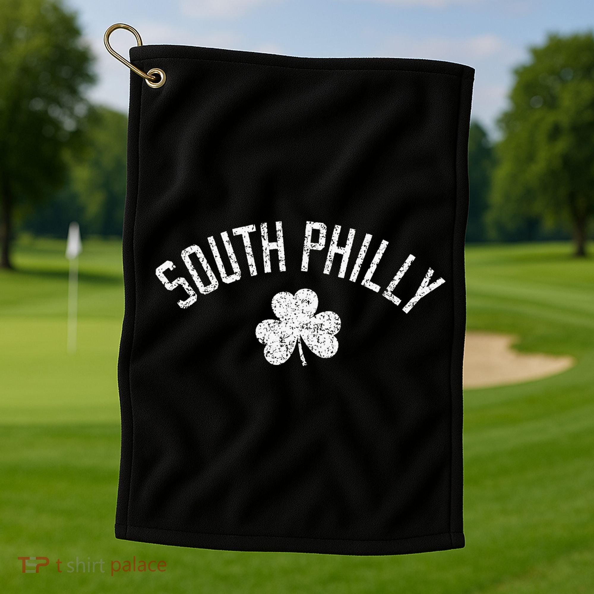 South Philly Text Irish Shamrock Distressed White Print Golf Towel