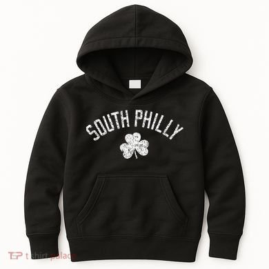 South Philly Text Irish Shamrock Distressed White Print Kids Hoodie