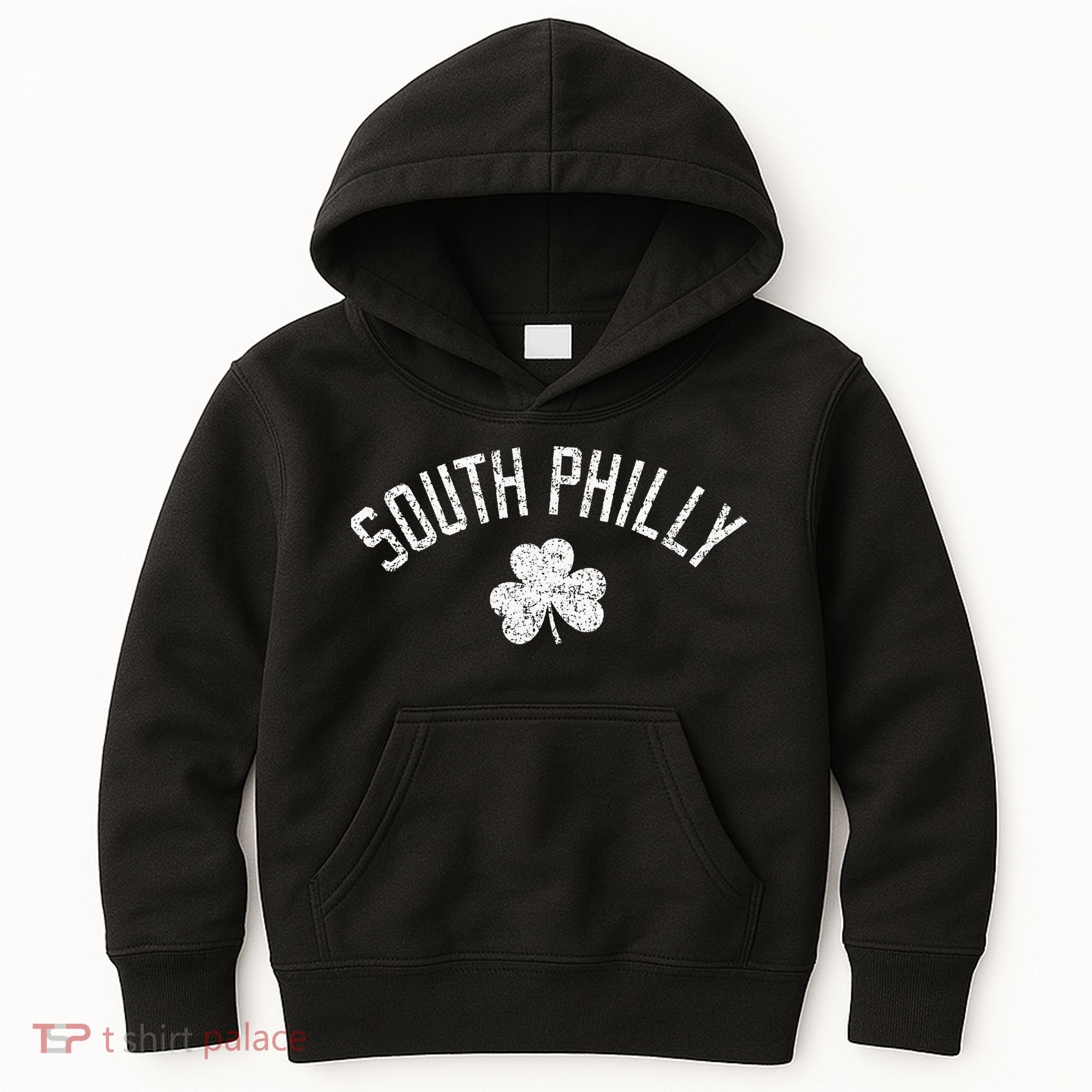 South Philly Text Irish Shamrock Distressed White Print Kids Hoodie