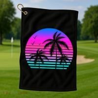 Sunset Palm Tree Cool Summer Vacation Style Vaporwave Golf Towel thumb 1