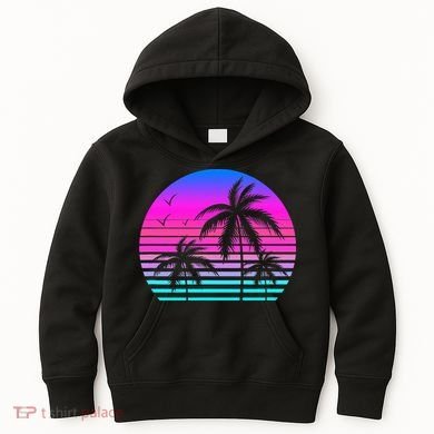 Sunset Palm Tree Cool Summer Vacation Style Vaporwave Kids Hoodie