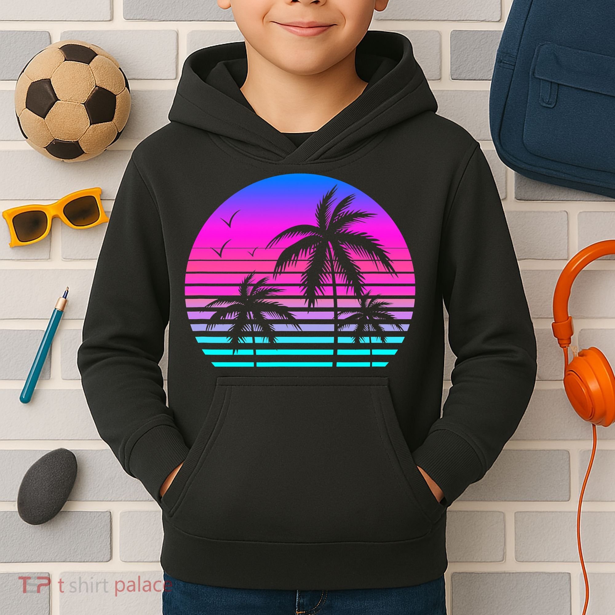 Sunset Palm Tree Cool Summer Vacation Style Vaporwave Kids Hoodie
