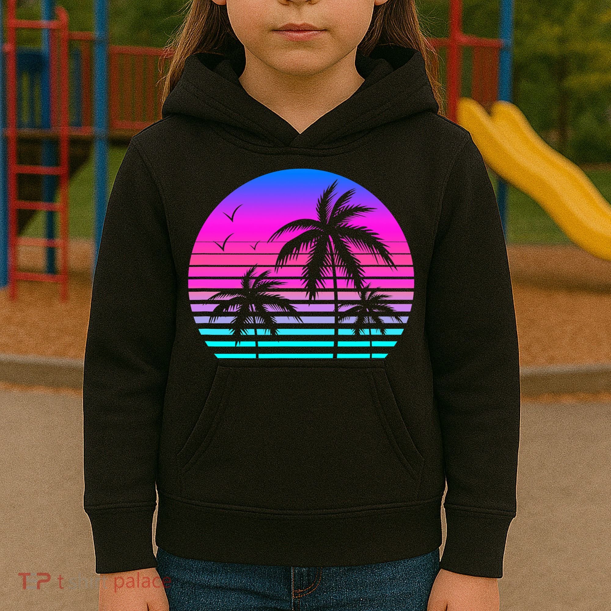 Sunset Palm Tree Cool Summer Vacation Style Vaporwave Kids Hoodie