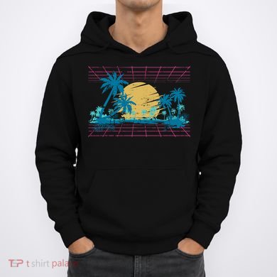 Sunset Palm Trees Beach 80s Art Vaporwave Tropical Summer Hoodie