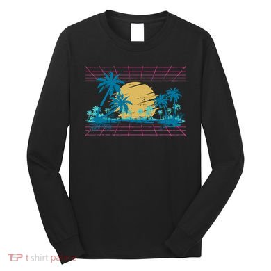 Sunset Palm Trees Beach 80s Art Vaporwave Tropical Summer Long Sleeve Shirt
