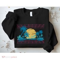 Sunset Palm Trees Beach 80s Art Vaporwave Tropical Summer Sweatshirt thumb 2