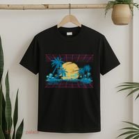 Sunset Palm Trees Beach 80s Art Vaporwave Tropical Summer T-Shirt thumb 2