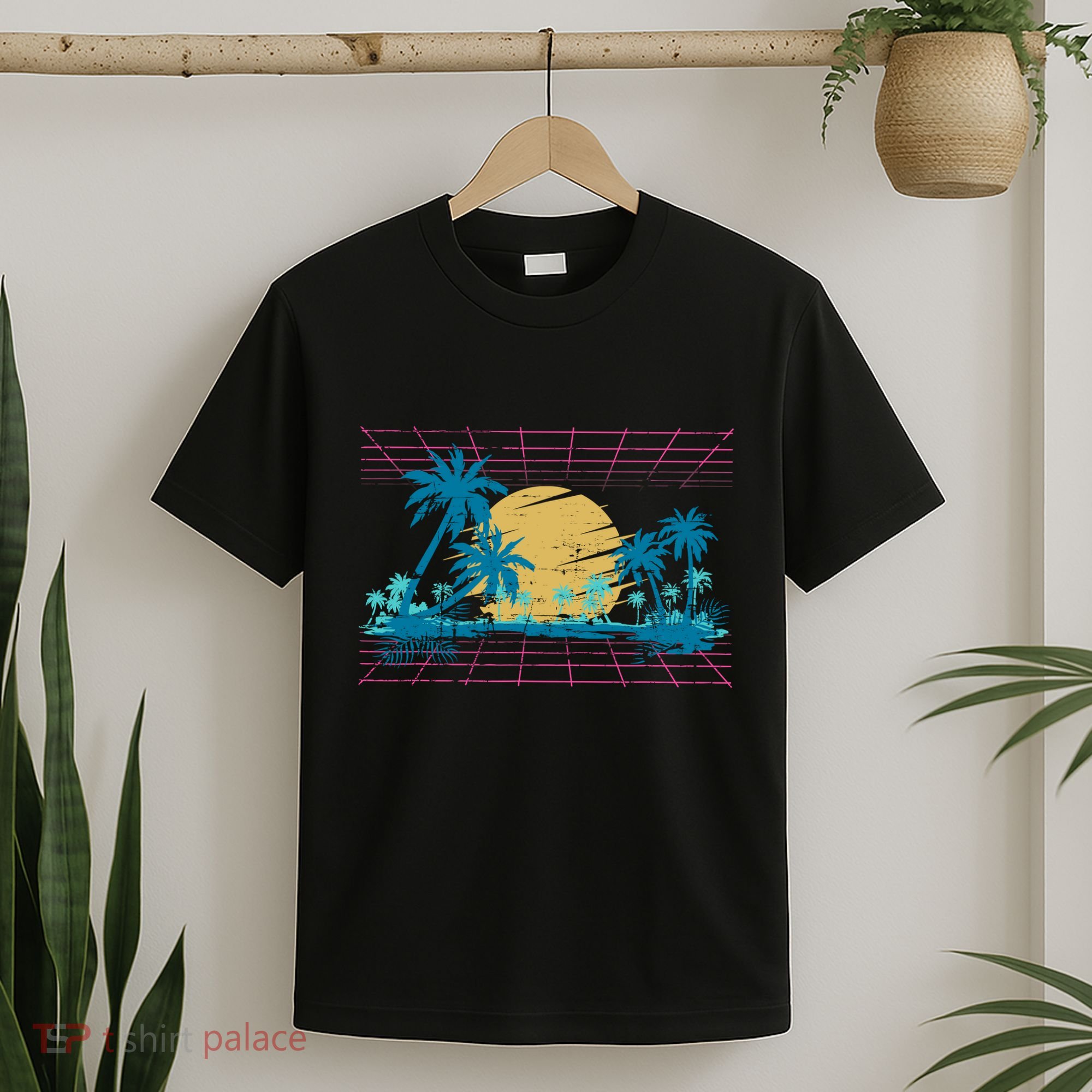 Sunset Palm Trees Beach 80s Art Vaporwave Tropical Summer T-Shirt