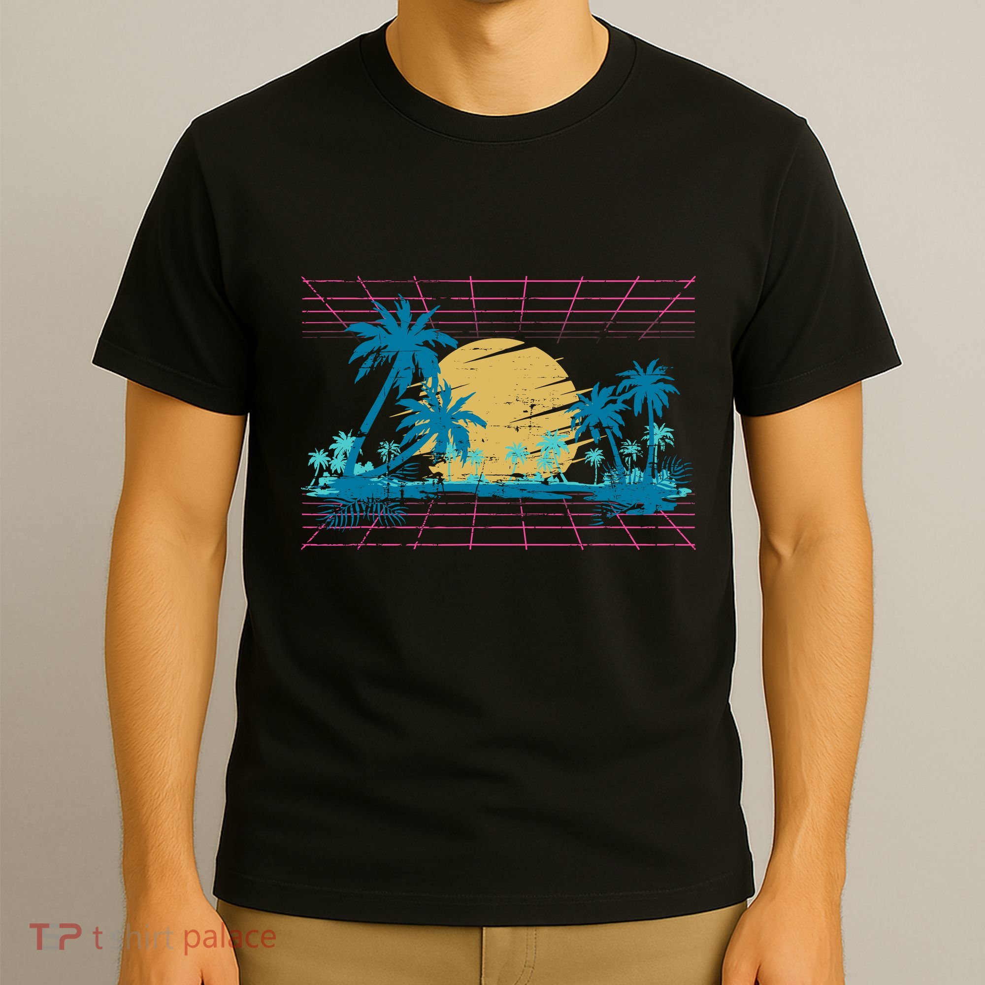 Sunset Palm Trees Beach 80s Art Vaporwave Tropical Summer T-Shirt