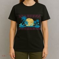 Sunset Palm Trees Beach 80s Art Vaporwave Tropical Summer T-Shirt thumb 4