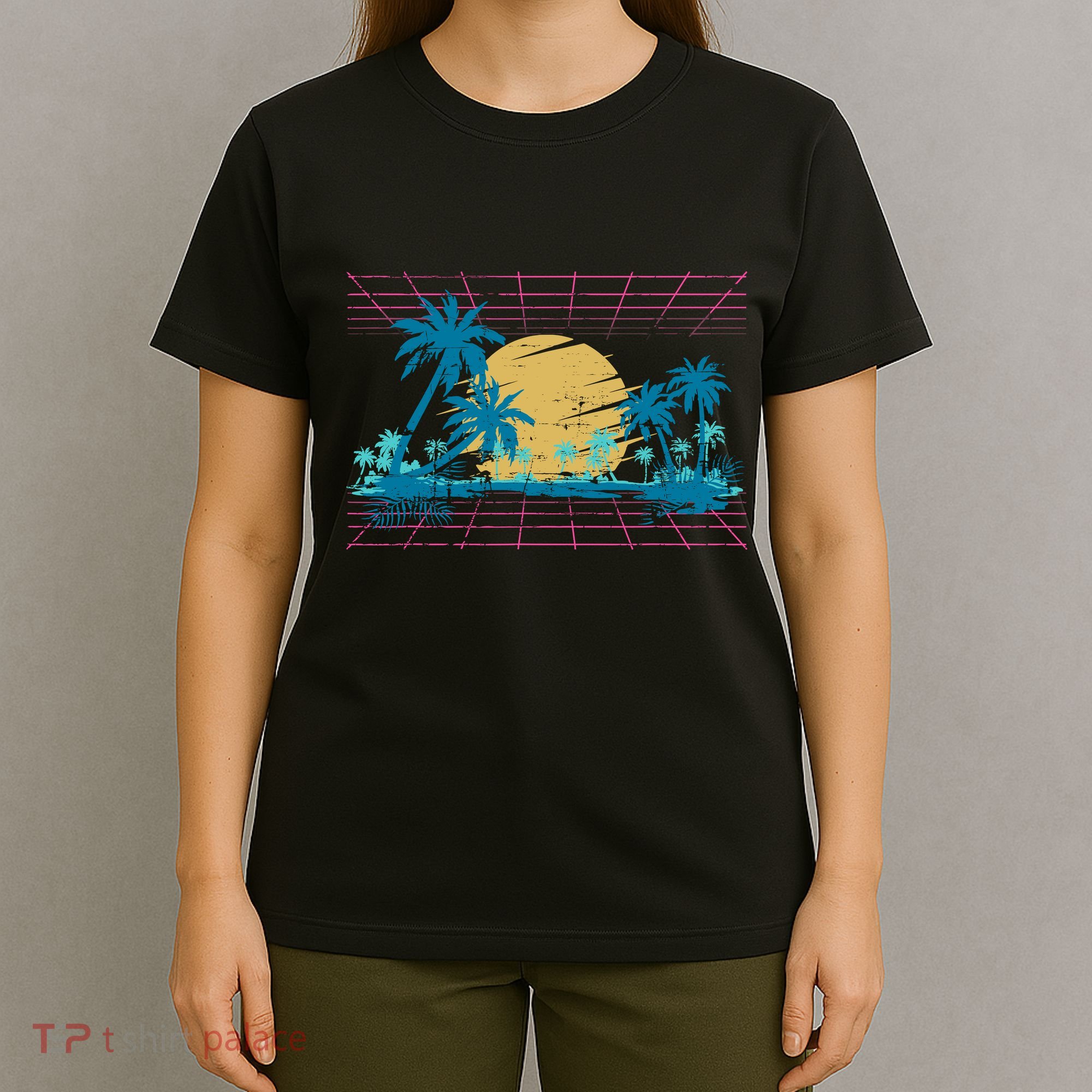 Sunset Palm Trees Beach 80s Art Vaporwave Tropical Summer T-Shirt