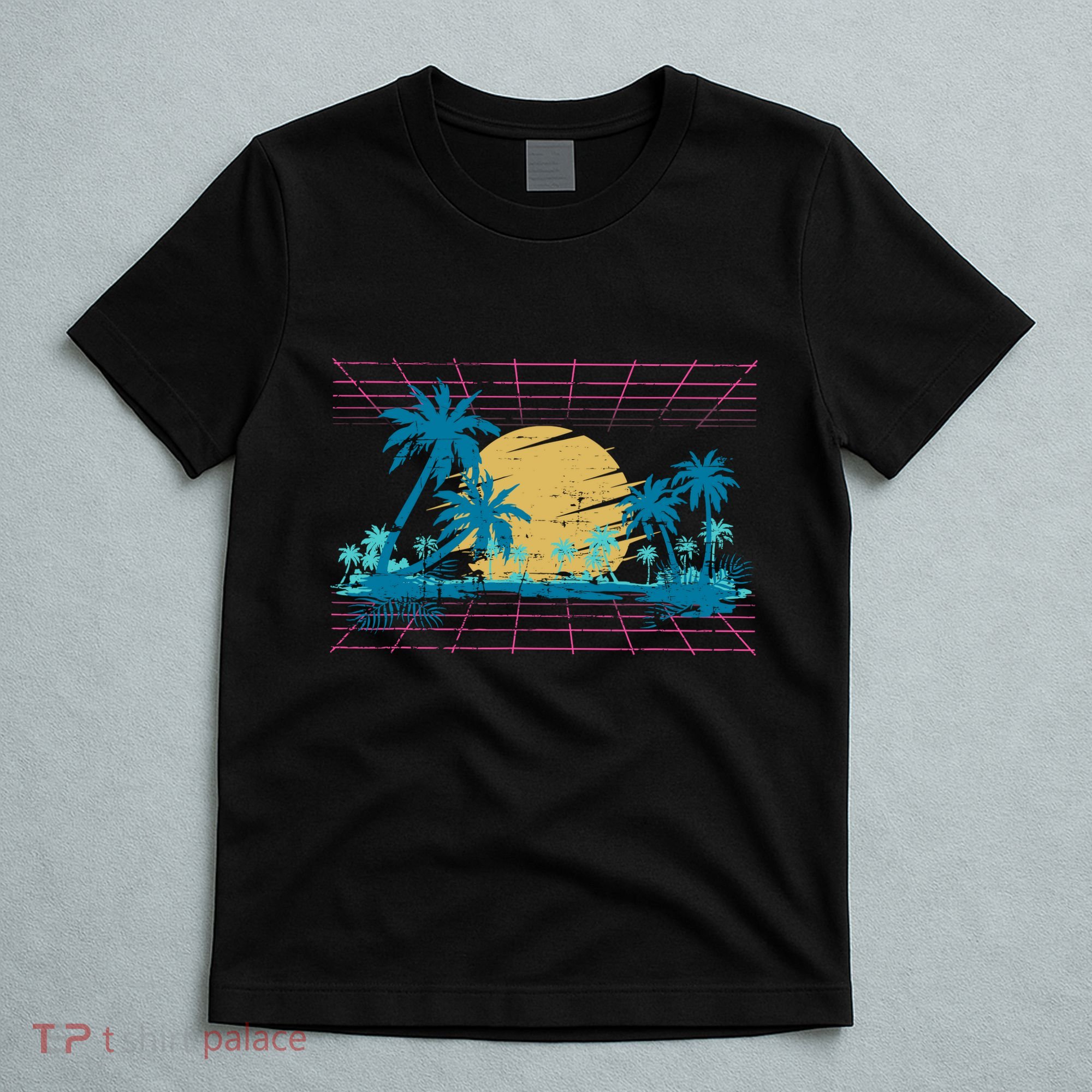 Sunset Palm Trees Beach 80s Art Vaporwave Tropical Summer T-Shirt