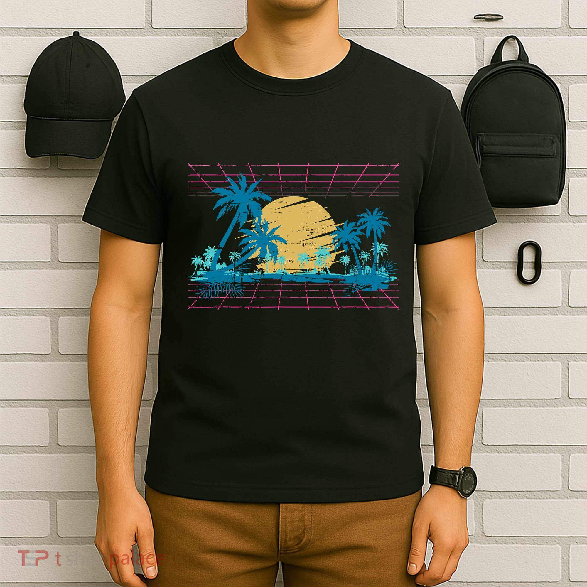 Sunset Palm Trees Beach 80s Art Vaporwave Tropical Summer T-Shirt