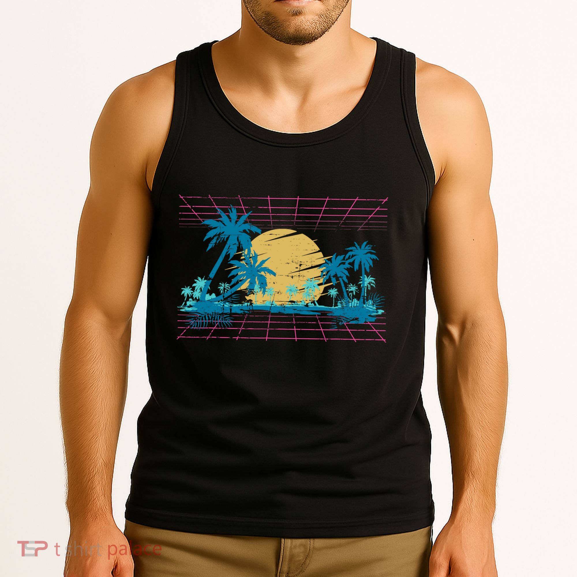 Sunset Palm Trees Beach 80s Art Vaporwave Tropical Summer Tank Top